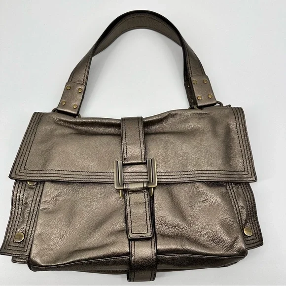 Kooba Leather Expandable Shoulder Handbag Tote Metallic Pewter - Picture 3 of 8